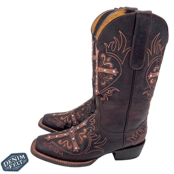 Cavenders Women’s Brown Studded Cross Leather Square Toe Western Boots | NEW!! - Picture 3 of 13
